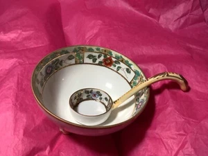 Royal Kaga Nippon hand painted footed rice soup bowl ladle flowers gold trim - Picture 1 of 10