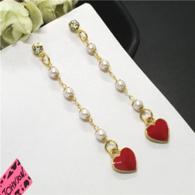 Nuevo Esmalte Rojo Lindo Perla Amor Cristal Moda Dama Mujeres Pendientes de Pie Foto 1 de 4