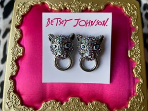 Pendientes anillo Betsey Johnson Space Tiger cristal blanco AB cabeza de tigre gato RARO - Imagen 1 de 2