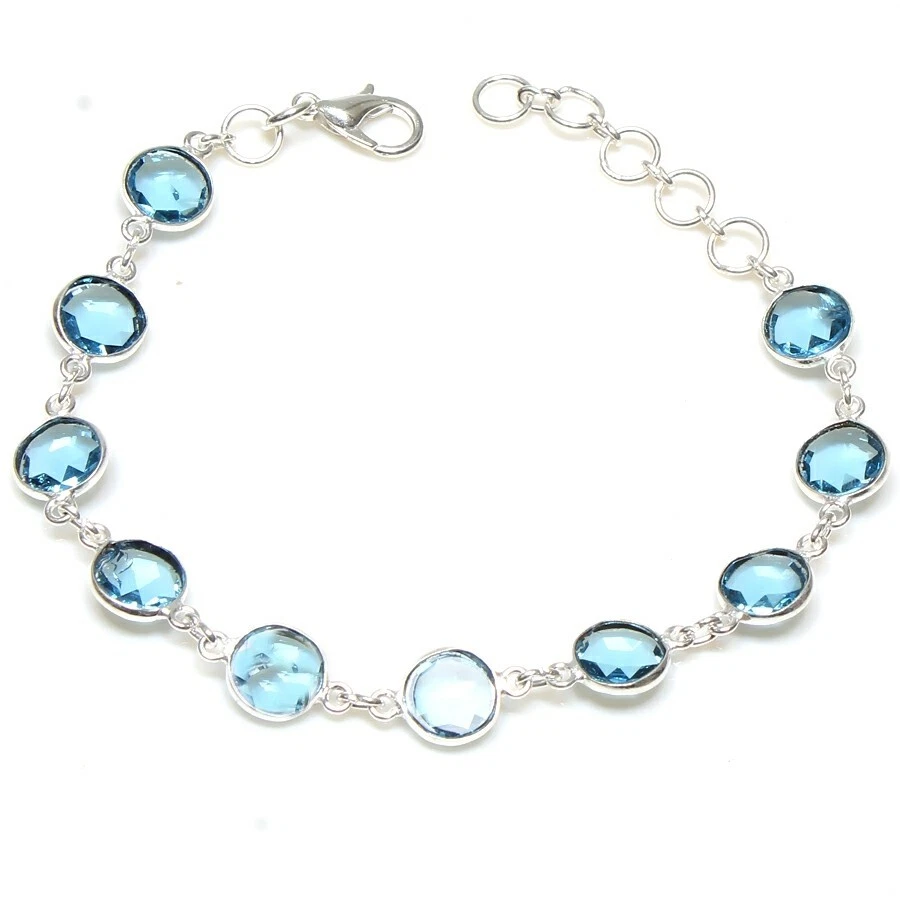 Green Aquamarine Gemstone Handmade 925 Sterling silver Bracelet Size 7-8'' - Image 1 of 1