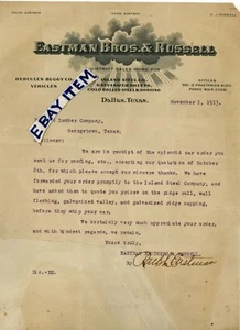 1913 Membrete DALLAS TEXAS Charles Ralph EASTMAN BROS E J RusseLL ACERO INTERIOR - Imagen 1 de 1