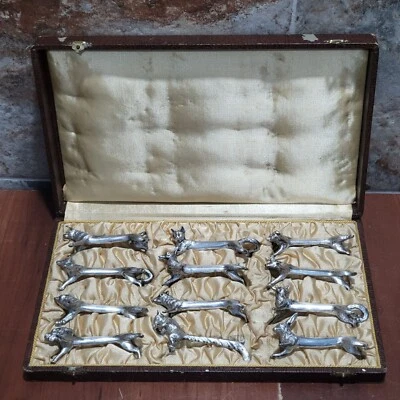 老式12种不同的动物刀长椅银色饰面原装盒 — 第 1/4 张图片