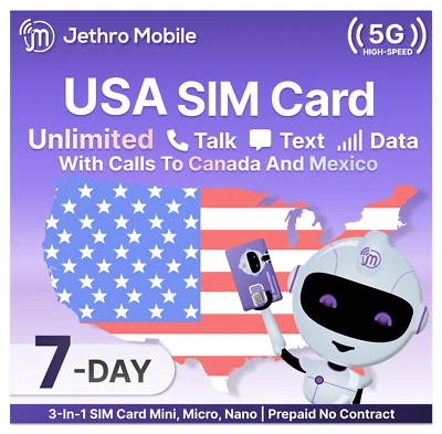 Jethro Mobile USA SIM Card 7-Days Unlimited Talk, Text, and Data Prepaid - Image 1 of 4