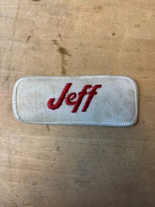 Vtg 70s JEFF Sew On Embroidered Clothing Jacket Uniform Name Patch RED & WHITE - Picture 1 of 3