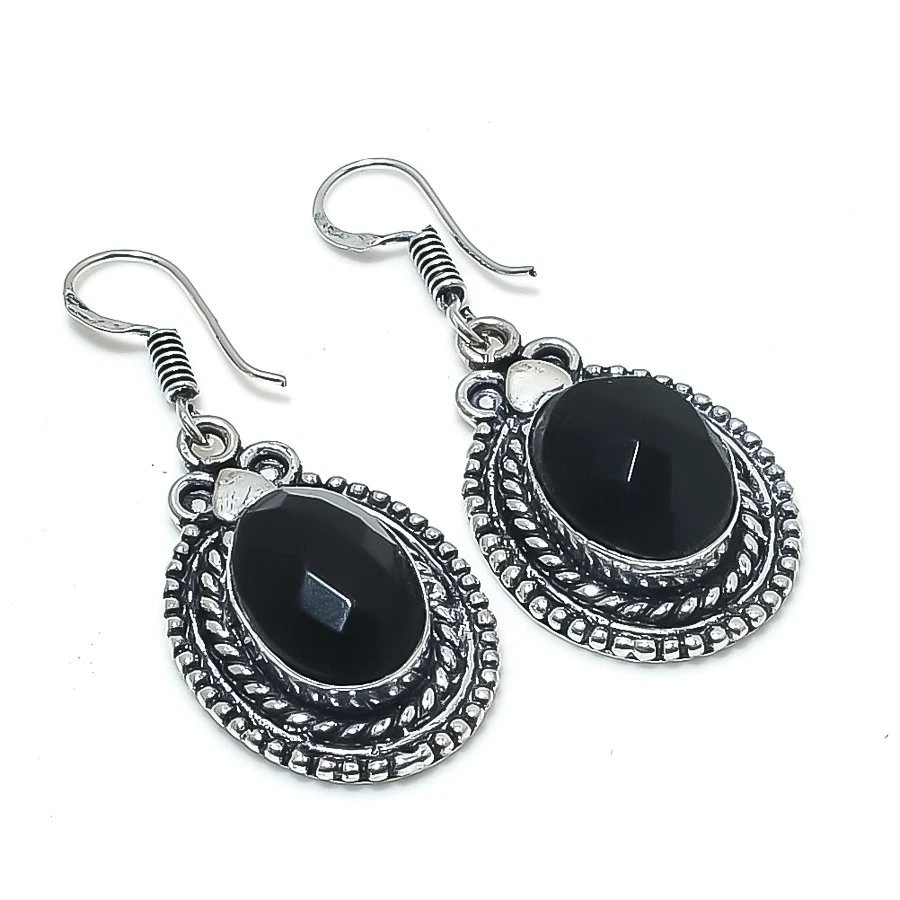 Black Spinel Gemstone Handmade 925 Sterling Silver Jewelry Earring Size 1.50" - Image 1 of 1