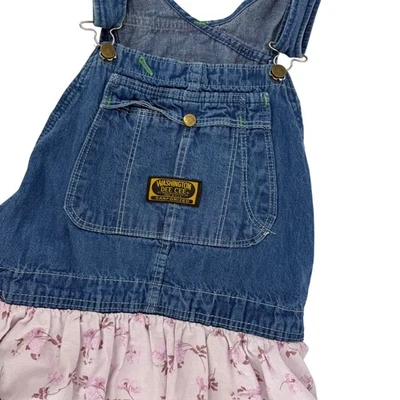 Vintage Washington Dee Cee Upcycled Denim Overall Dress Pink Floral Measurements - Image 1 of 4