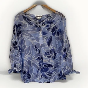 Clifford Michael Womens Blouse Sz 8 Blue Floral 3/4 Sleeve Silk Blend Chiffon - Picture 1 of 9