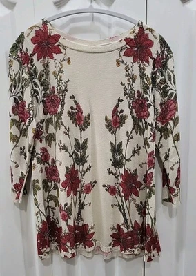 Joseph A Knit Sweater Small Cream Red Floral Gold Metallic top Medium Gorgeous! - Image 1 of 4