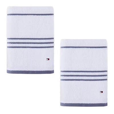 2 nuevas toallas de baño Tommy Hilfiger American 90 % algodón BLANCAS con RAYAS GRISES Foto 1 de 4