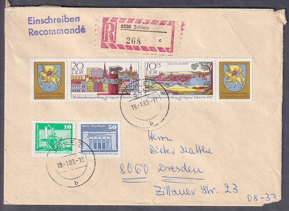 Einschreiben Schleiz Dresden 1983 Jugendausstellung Schwerin Zusammendruck - Bild 1 von 1