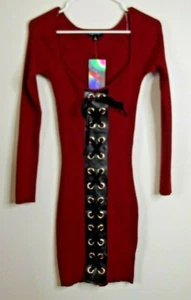 SAY WHAT Bodycon DRESS - Size MEDIUM - Ribbed Red w/Black Ribbon Trim NWT - Picture 1 of 10