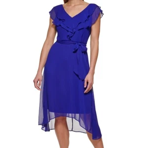 DKNY Womens Size 14 Ruffled Midi Dress Bright Blue Sheer Gauze Cap Sleeves Belt - Picture 1 of 12