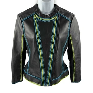 Herve Leger - Black Moto Biker Contrast Stitch Leather Jacket - Size Small S - Picture 1 of 12
