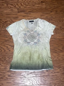 Appropriate Behavior Women's Green Y2k Mandala Short Sleeve V-Neck Shirt, Sz L - Picture 1 of 4