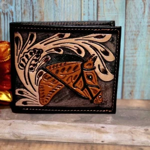 Horse Western Wallet Genuine Leather 2 Sided Bifold Wallet Handcrafted Painted - Picture 1 of 6