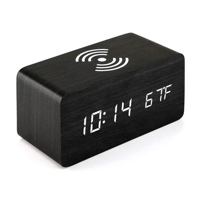 Alarm Clock with Qi Wireless Charging Pad Compatible with iPhone Samsung Wood... - Image 1 of 4