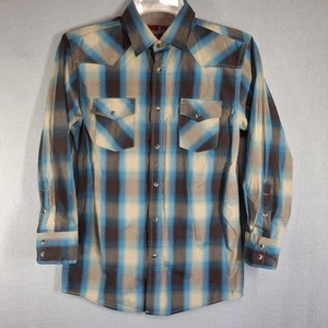 Rodeo Clothing Co. Boy's Large Shirt Pearl Snap Button Flip Cuff Blue Plaid - Picture 1 of 10