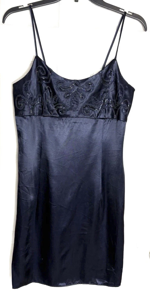 Jessica McClintock Gunne Sax Slip Dress Womens Juniors 7/8 Satin Beaded Navy Zip - Image 1 of 4