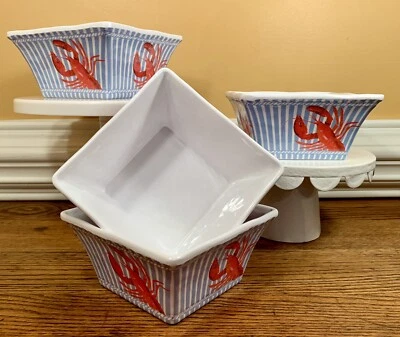 Lot Of 4 Cynthia Rowley Melamine Square Cereal Bowls: Red White & Blue •Lobsters - Image 1 of 4