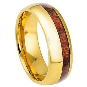 Gelbgold IP 8 mm Herren Wolframhartmetall Ring Koa Holz Inlay Hochzeitsband - Bild 1 von 4