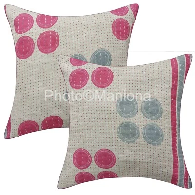 Indian White Polka print Home Décor Cotton Cushion Covers Handmade Room Pillow - Image 1 of 4