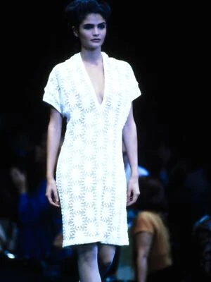 Vestido Comme des Garcons Primavera 1991 Crema Transparente Floral Encaje Nylon Bajo Cuello en V - S Foto 1 de 4