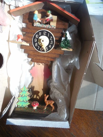 Vintage German Miniature Black Forest Cuckoo Clock See-Saw 8 1/4 IN W/ KEY Cover