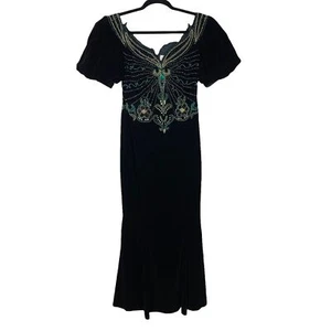 Vintage Landa Perlen Samt Abendkleid volle Länge Dekolleté Ausschnitt 6 - Bild 1 von 12
