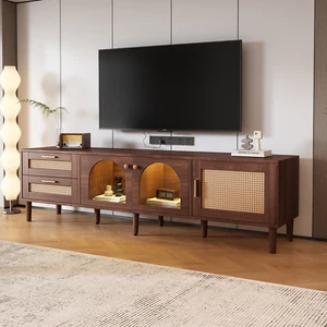 Rattan LED TV Stand Entertainment Center TV Media Console for TVs Up to 80'' - Picture 1 of 20