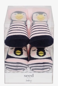 Seed Heritage Pink Newborn Baby Socks - 2 Pairs Penguins Awake And Asleep Gift B - Picture 1 of 12