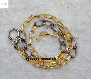 Pave Diamond Link Chain Necklace 925 Solid Silver Claps Lock Gold Plated Jewelry - Picture 1 of 4