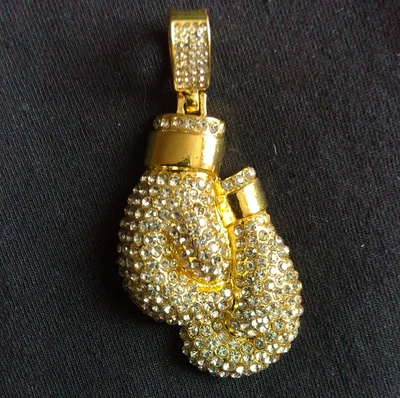 Boxing Gloves s 3D Effect Gold tone  metal with sparkly stones pendant stunning - Image 1 of 3