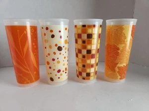 Tupperware Orange Retro Tumblers 16oz Set of 4 Beautiful Rare 70s Style Print - Picture 1 of 9