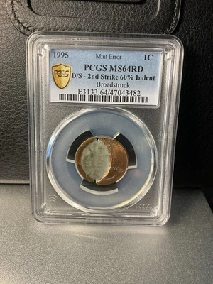 1995 Mint Error  1c PCGS Ms64 RD D/S- 2nd Strike 60% Indent Broadstruck - Image 1 of 4