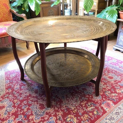 Vintage Brass Coffee Table With Wooden Folding Stand, See Photos - Image 1 of 4