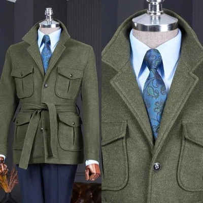 Tweed Hombres Traje Retro Ropa de Trabajo Blazer Utilitario Cinturón de Un solo pecho Informal Viaje Foto 1 de 4