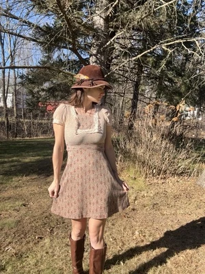 Vintage 70s Terri Petites Knit Mini Dress Prairie Dress Boho Whimsy Cottage S - Image 1 of 4