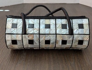 VTG NEW Black White Mother of Pearl & Buffalo Horn Tiled Barrel Purse Handbag - Picture 1 of 11