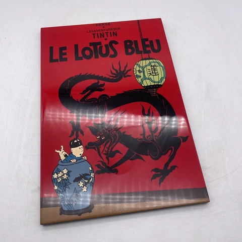 TinTin Wall Hanging Art Le Lotus Bleu Herge Plaque Lacquer Comic Wood Cover