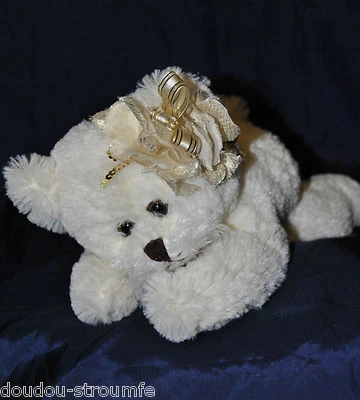 🍀Peluche Doudou Ours Blanc RF Collection Germany Fleur Crème Doré 32 Cm TTBE - Photo 1/2