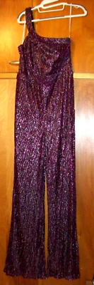 NEW NWT Lulu's Glitter Girl Shiny Purple One-Shoulder Wide Leg Jumpsuit sz Large - Image 1 of 4