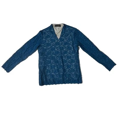 Blusa Diálogo Mujer Azul Encaje Transparente Mangas Largas Estampado Floral Talla Pequeña Foto 1 de 4