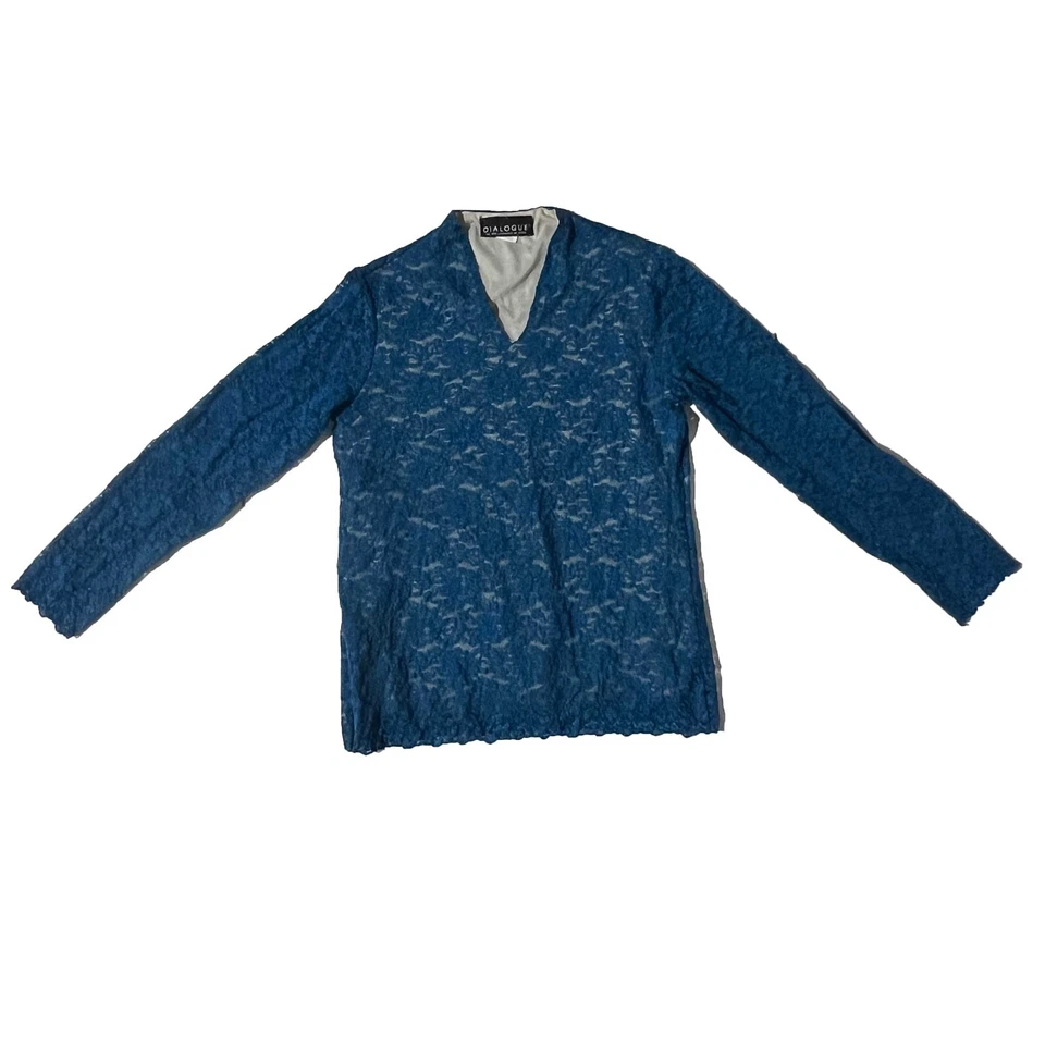 Женская блуза Dialogue синяя кружевная прозрачная с длинными рукавами с цветочным узором размер Small - Изображение 1 из 4