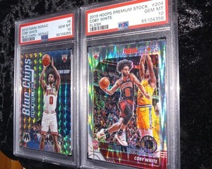 2019-20 Panini Mosaic Coby White Blue Chip Prizm + Hoops Premium Flash PSA 10