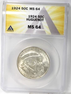 1924 Huguenot Commemorative Half Dollar : ANACS MS64 Blazing White - Picture 1 of 4