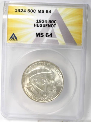 1924 Huguenot Commemorative Half Dollar : ANACS MS64  Blazing White - Image 1 of 4