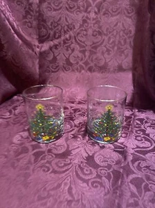 pair of vintage Moderne gold rim Christmas tree lowball glasses - Picture 1 of 3