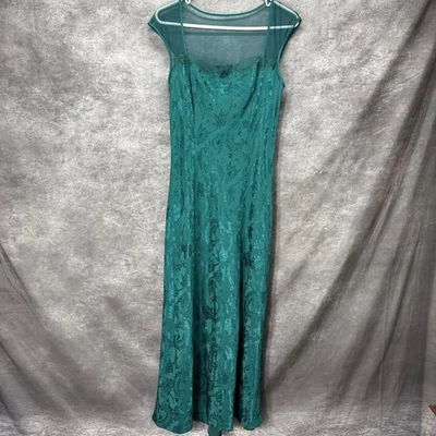 Maxi Vestido Sin Mangas Y2K Victoria's Secret Verde Esmeralda Satinado Talla L Floral Repujado Foto 1 de 4