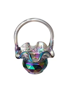 Vintage Fenton Iridescent Glass Basket With Ruffled Edge Diamond Pattern Signed - Picture 1 of 10