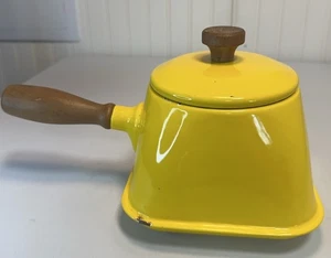 Vintage 1970’s MCM Yellow Enamelware Sauce Pot Fondue Pot Square W/ Wood Handle - Picture 1 of 16